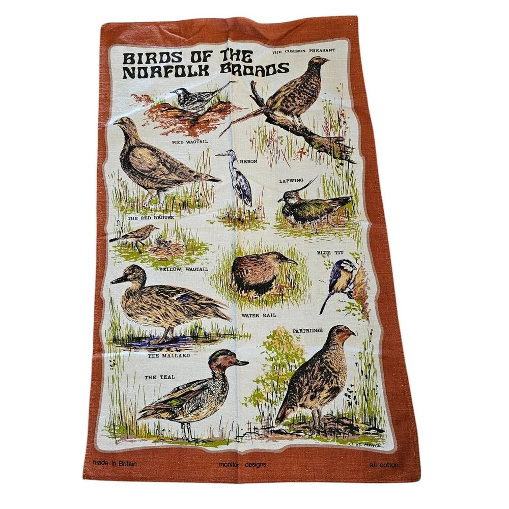 Vintage Birds of the Norfolk All Cotton Dish Tea Towel Britain